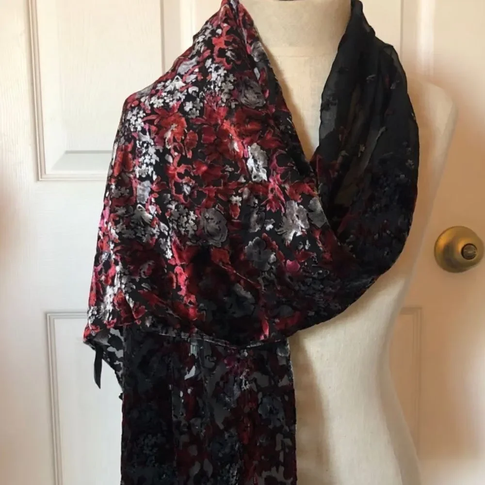 INC Deep Red Black Silver Velvet Floral Tasseled Hem Vintage Scarf